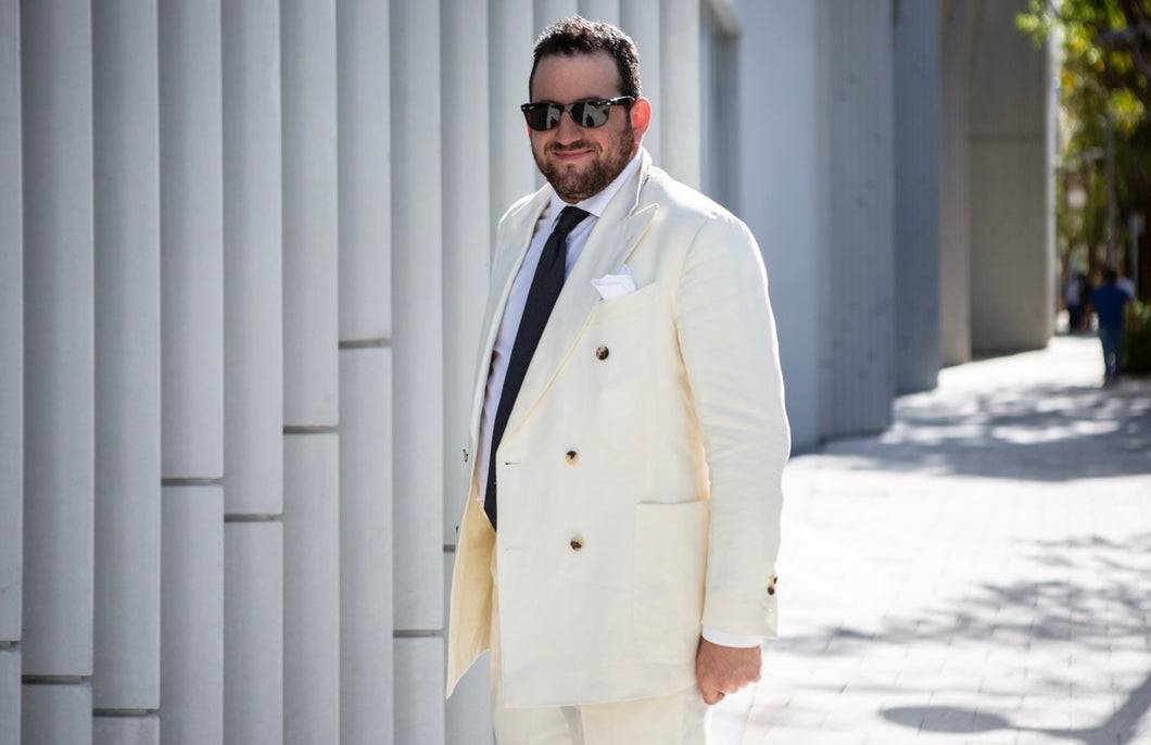 BRUNO Off-White Linen 6 x 2 Double Breasted Jacket in Caccioppoli cloth